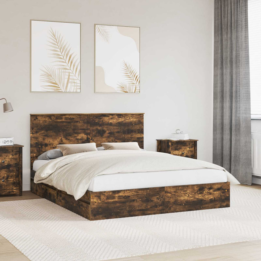 Opslag bed met lade Gerookt eiken 160 x 200 cm Bewerkt hout