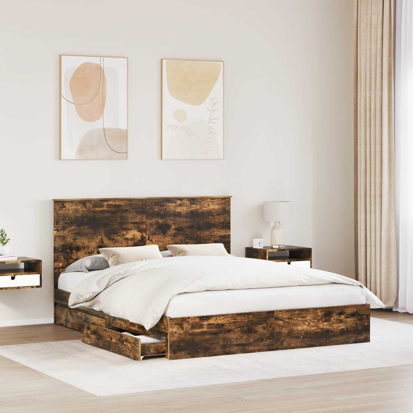 Opslag bed met lade Gerookt eiken 160 x 200 cm Bewerkt hout