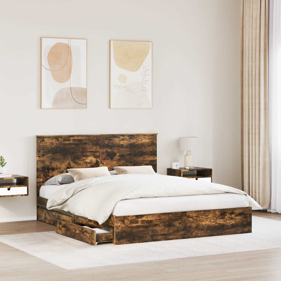 Opslag bed met lade Gerookt eiken 160 x 200 cm Bewerkt hout