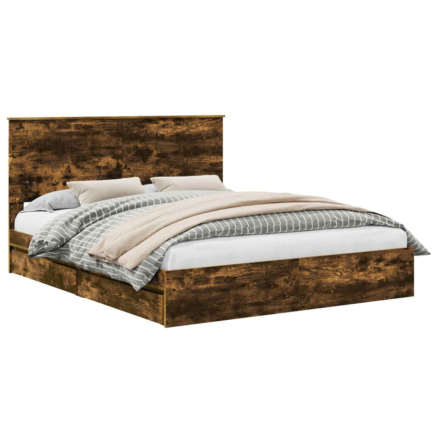 Opslag bed met lade Gerookt eiken 160 x 200 cm Bewerkt hout
