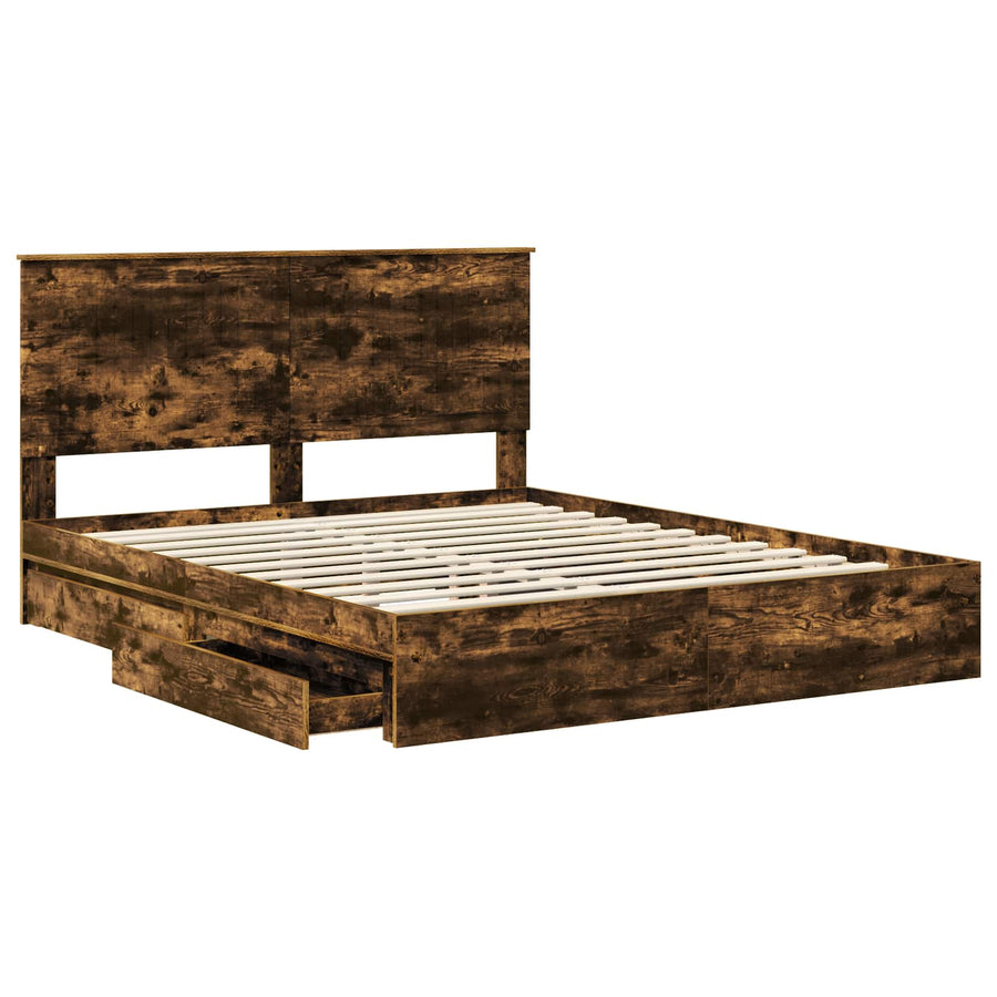 Opslag bed met lade Gerookt eiken 160 x 200 cm Bewerkt hout