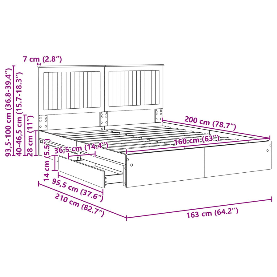 Opslag bed met lade Gerookt eiken 160 x 200 cm Bewerkt hout