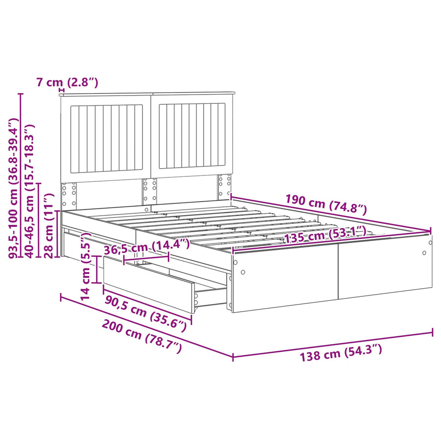 Opslag bed met lade Sonoma Eiken 135 x 190 cm Bewerkt hout