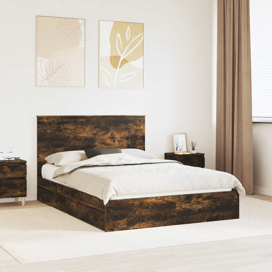 Opslag bed met lade Gerookt eiken 135 x 190 cm Bewerkt hout