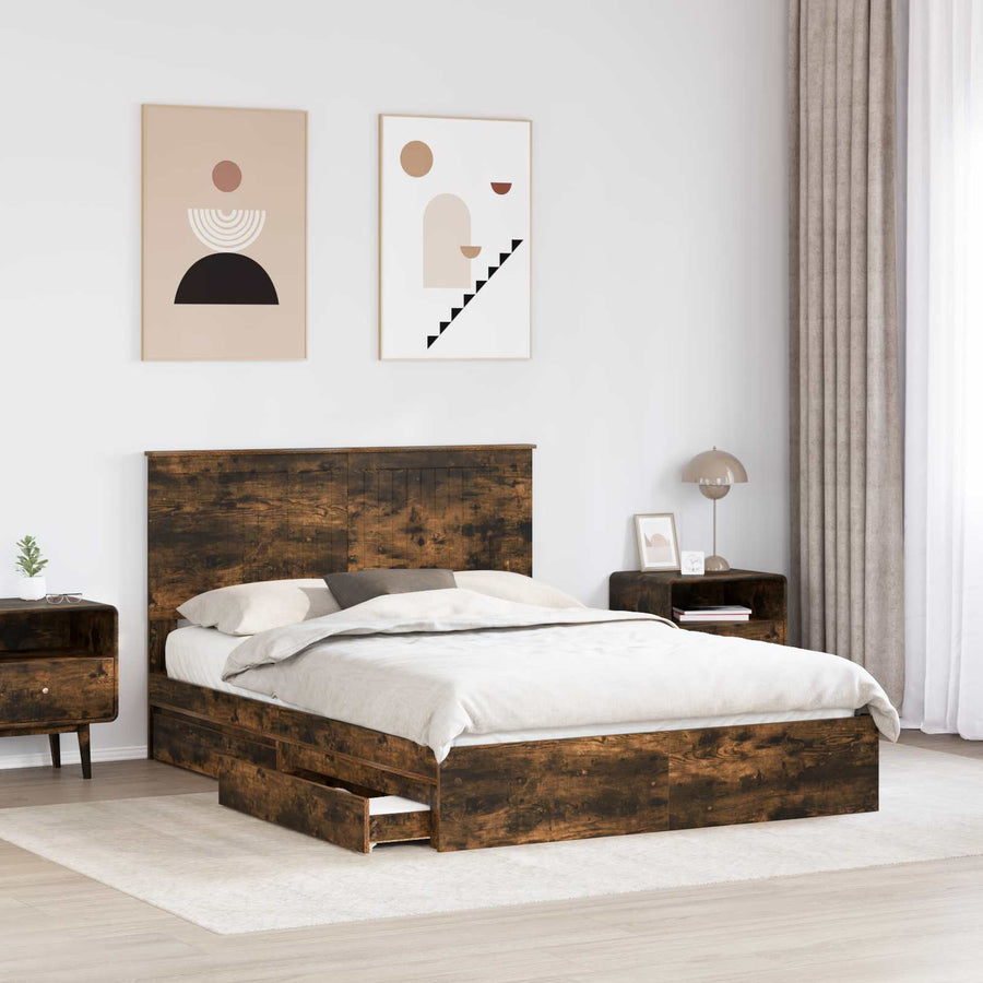 Opslag bed met lade Gerookt eiken 135 x 190 cm Bewerkt hout