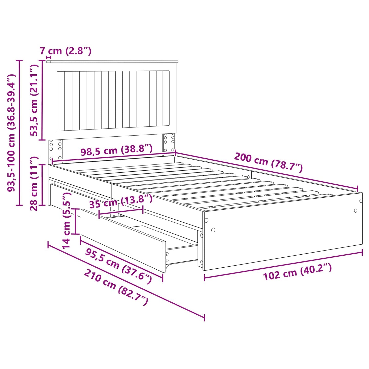 Opslag bed met hoofdeinde Beton Grijs 100 x 200 cm Bewerkt hout