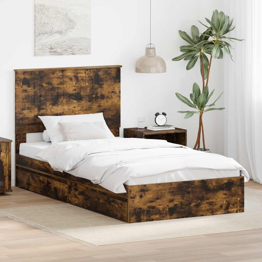 Opslag bed met lade Gerookt eiken 100 x 200 cm Bewerkt hout