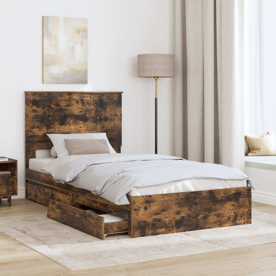 Opslag bed met lade Gerookt eiken 100 x 200 cm Bewerkt hout
