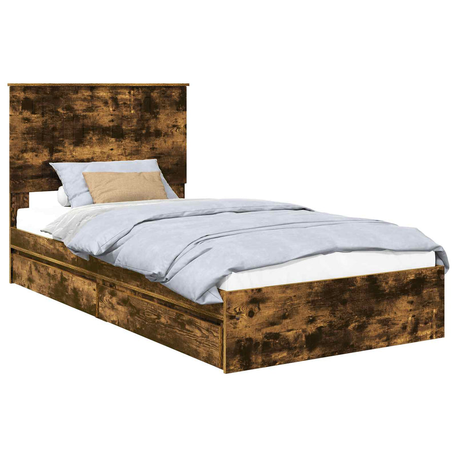 Opslag bed met lade Gerookt eiken 100 x 200 cm Bewerkt hout