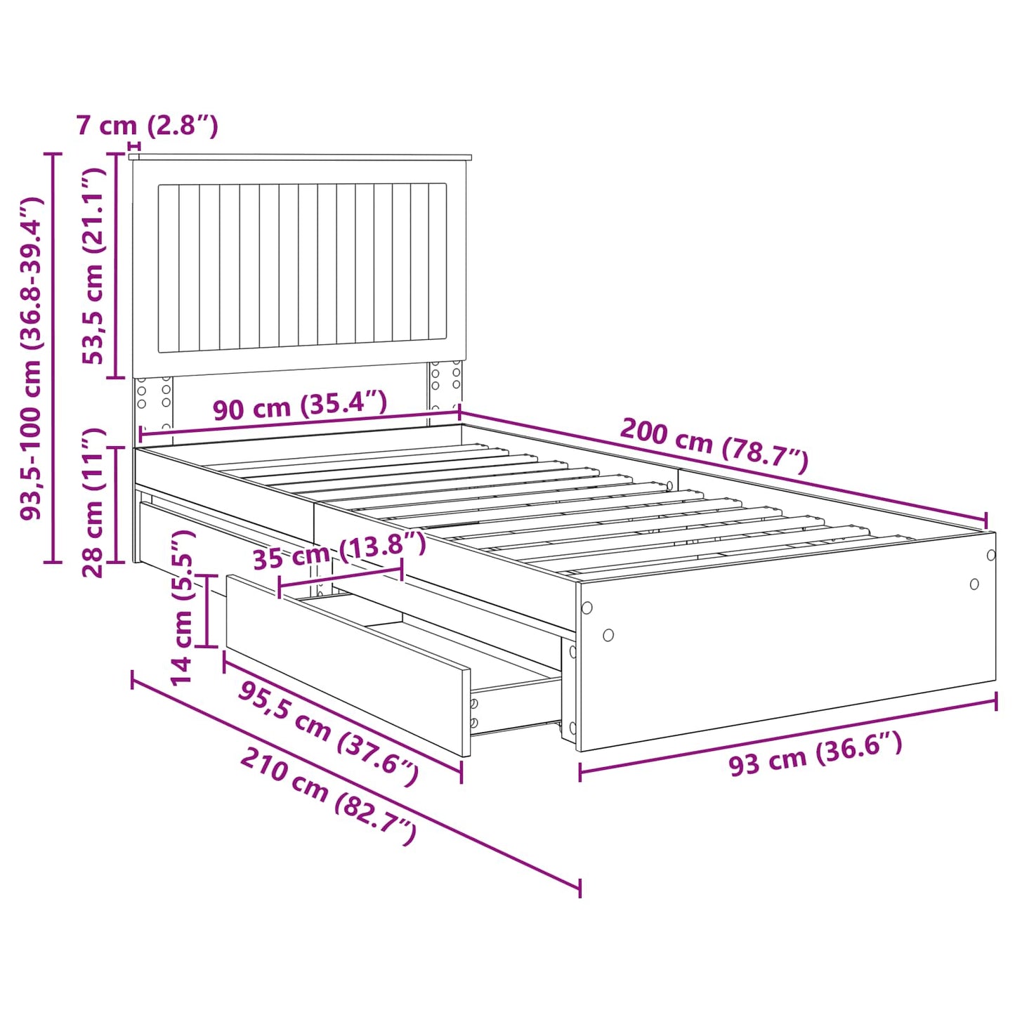 Opslag bed met hoofdeinde Sonoma Eiken 90 x 200 cm Bewerkt hout