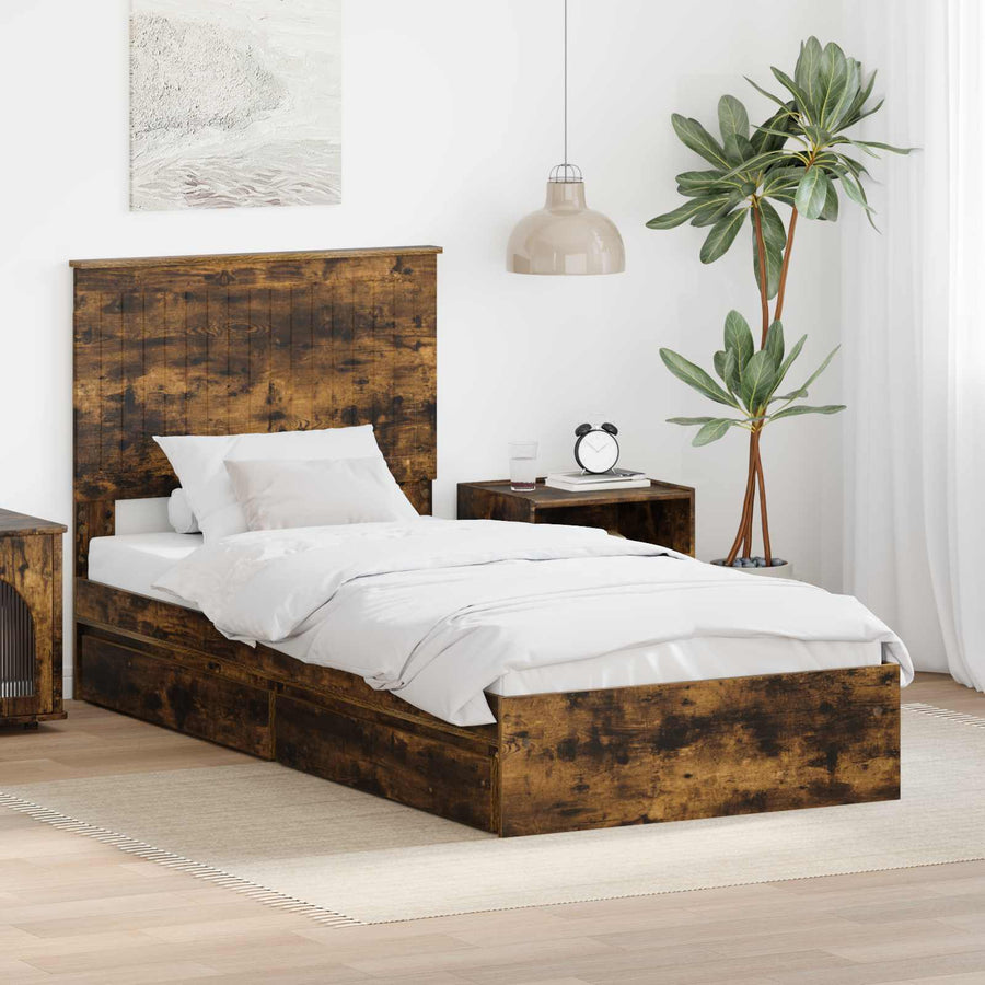 Opslag bed met lade Gerookt eiken 90 x 200 cm Bewerkt hout