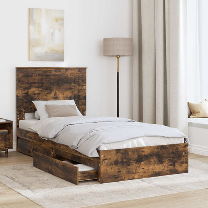 Opslag bed met lade Gerookt eiken 90 x 200 cm Bewerkt hout