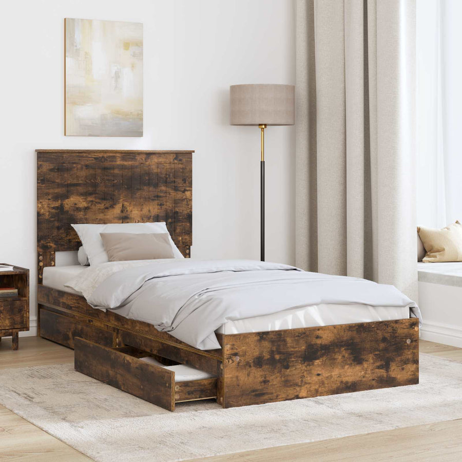 Opslag bed met lade Gerookt eiken 90 x 200 cm Bewerkt hout