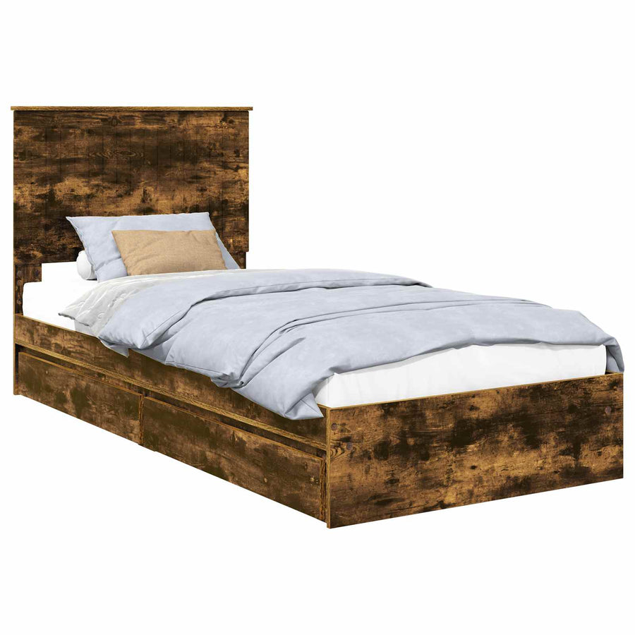 Opslag bed met lade Gerookt eiken 90 x 200 cm Bewerkt hout