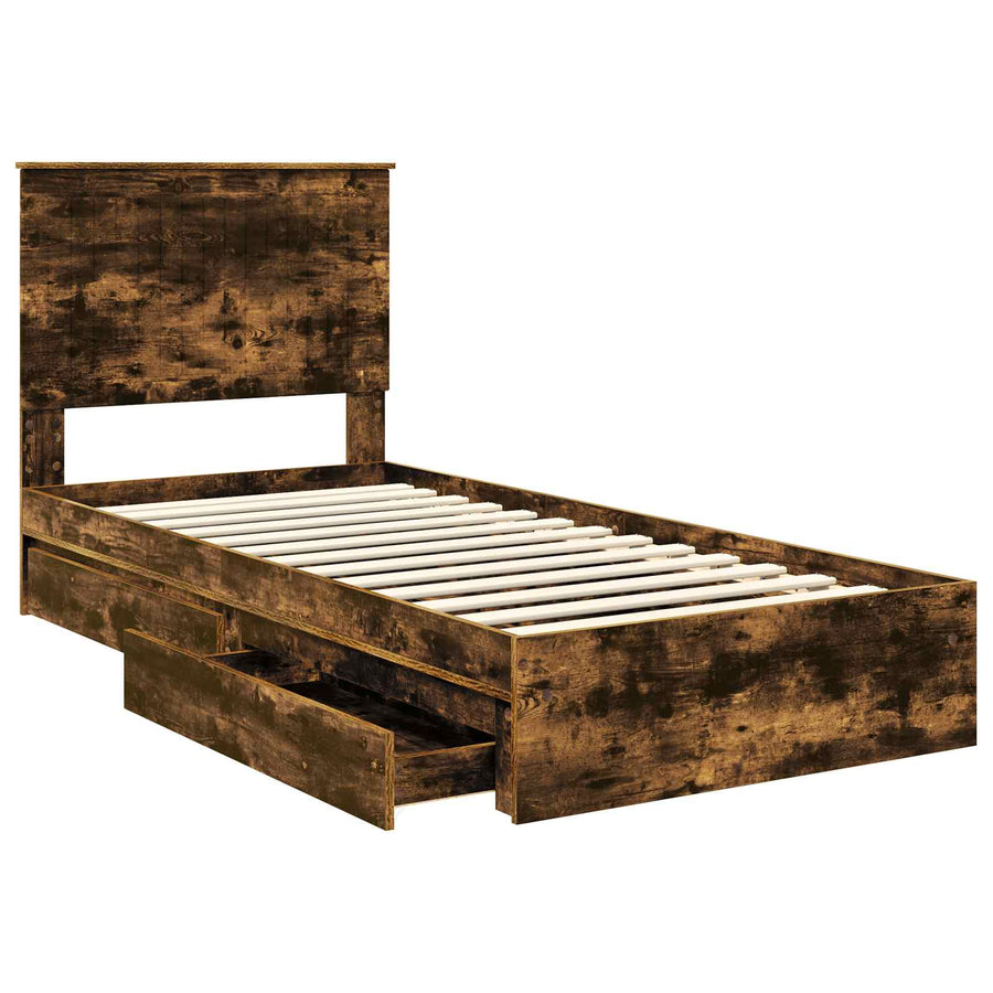 Opslag bed met lade Gerookt eiken 90 x 200 cm Bewerkt hout