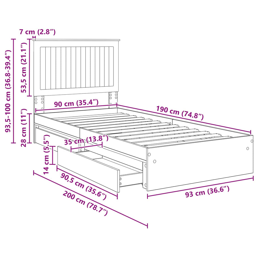 Opslag bed met hoofdeinde Sonoma Eiken 90 x 190 cm Bewerkt hout