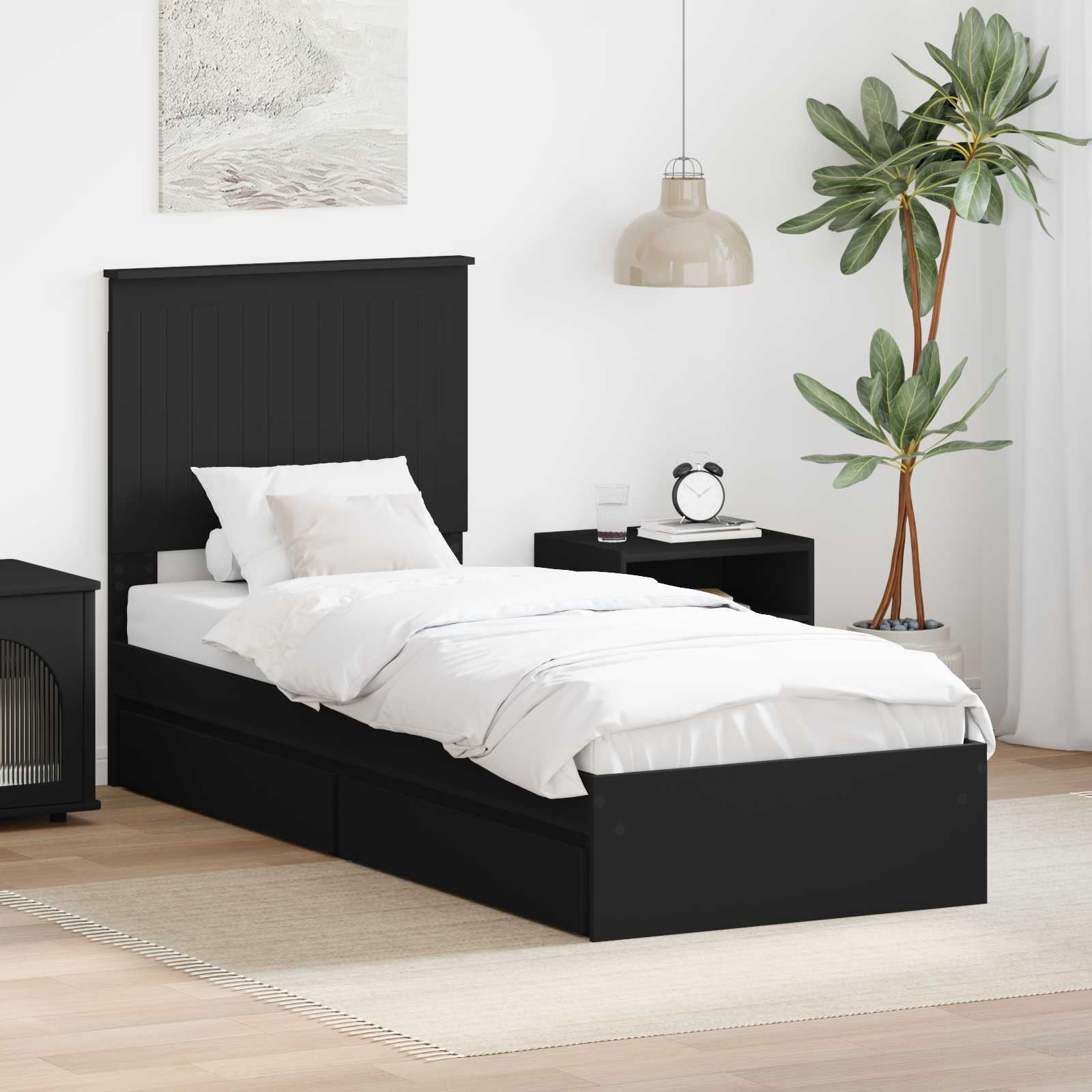 Opslag bed met hoofdeinde Zwart 75 x 190 cm Bewerkt hout