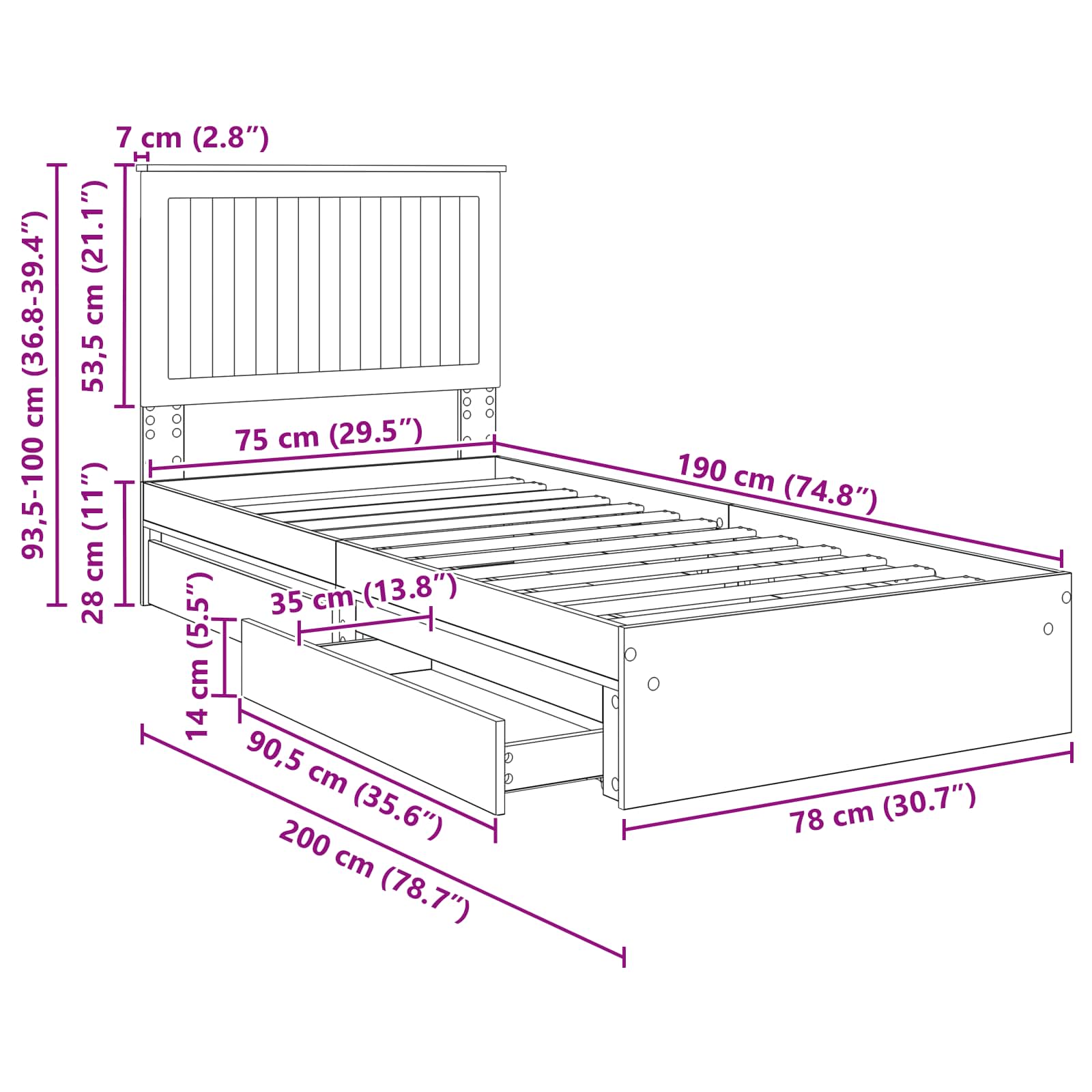 Opslag bed met hoofdeinde Beton Grijs 75 x 190 cm Bewerkt hout