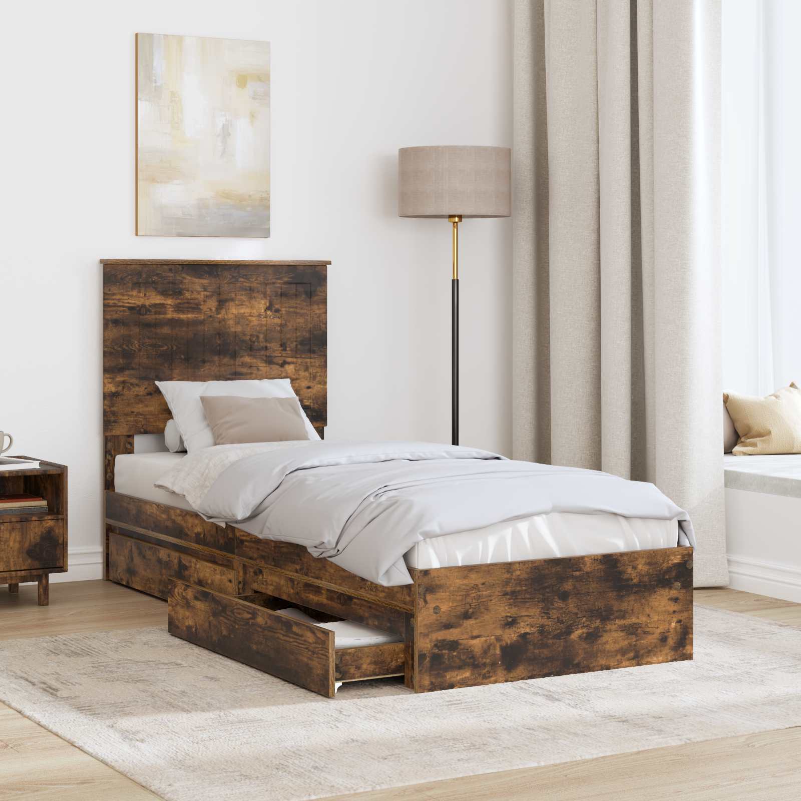 Opslag bed met lade Gerookt eiken 75 x 190 cm Bewerkt hout