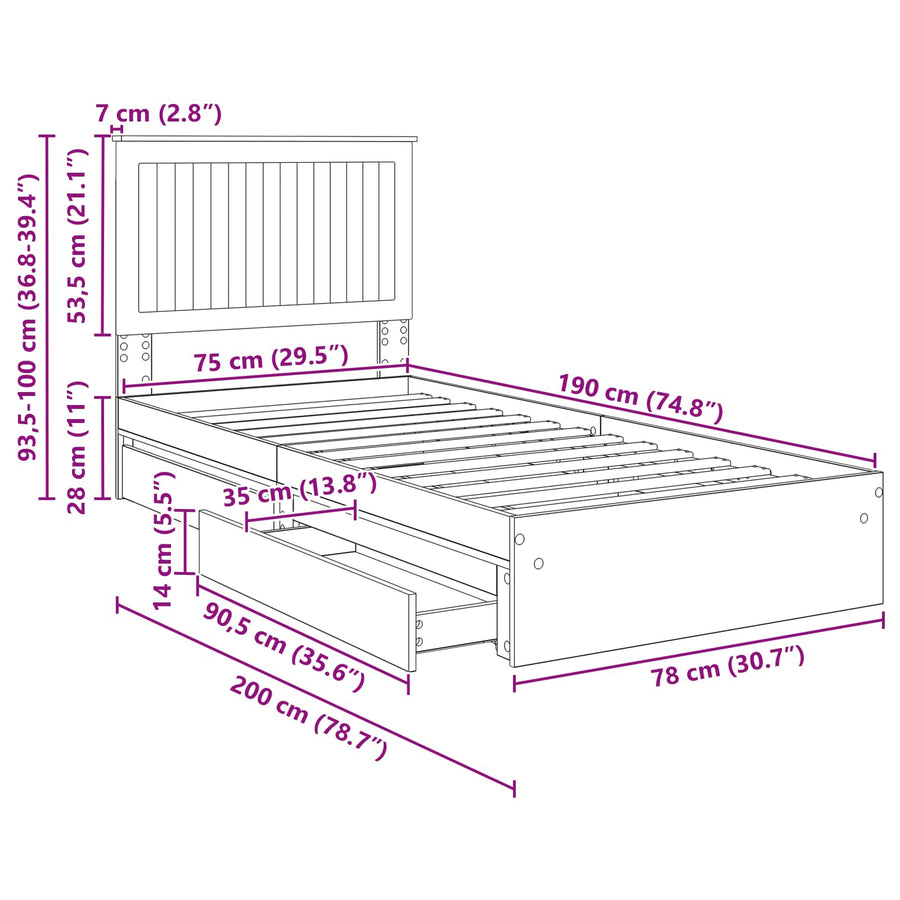 Opslag bed met hoofdeinde Bruin Eiken 75 x 190 cm Bewerkt hout