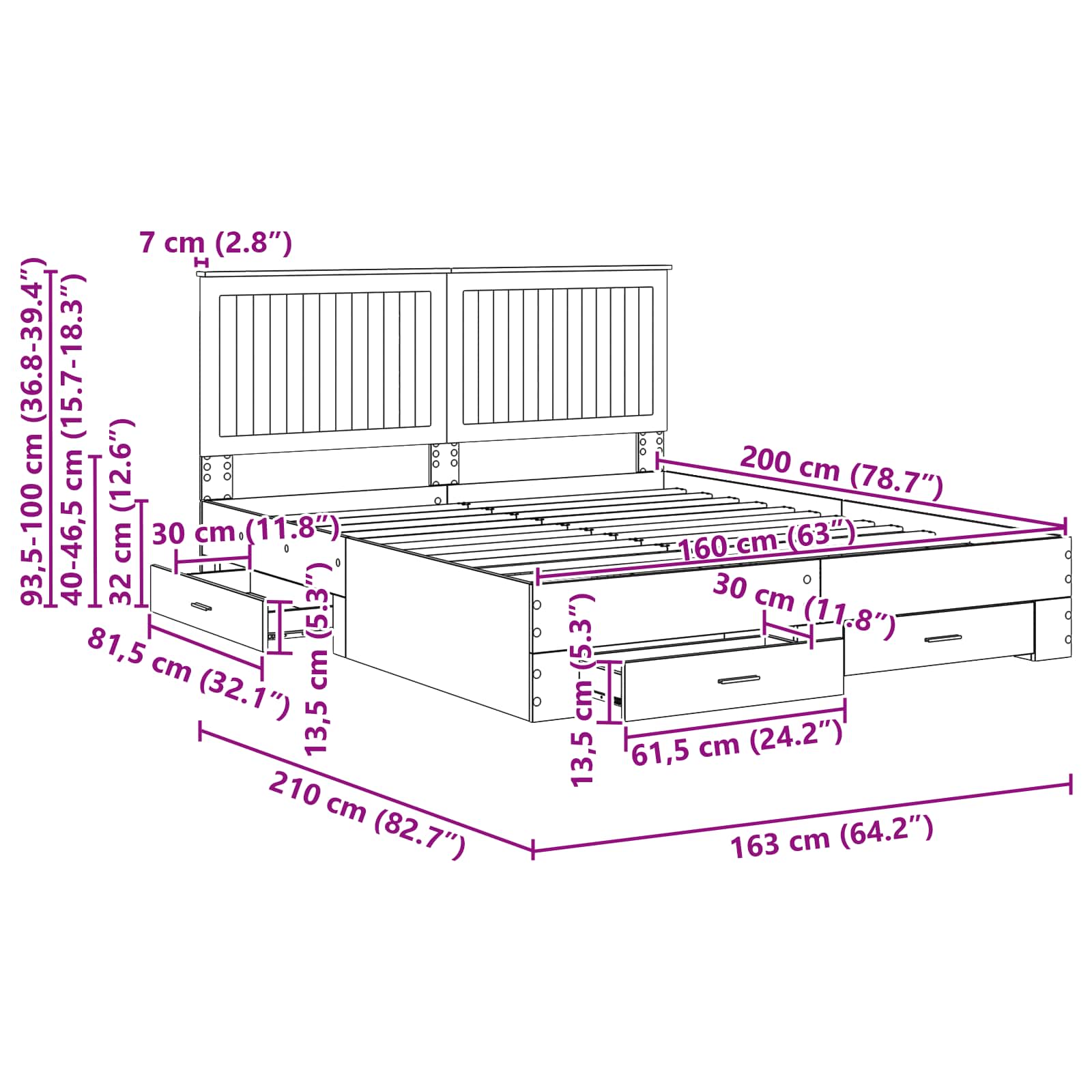 Bedframe met hoofdeinde met lade Wit 160 x 200 cm Bewerkt hout