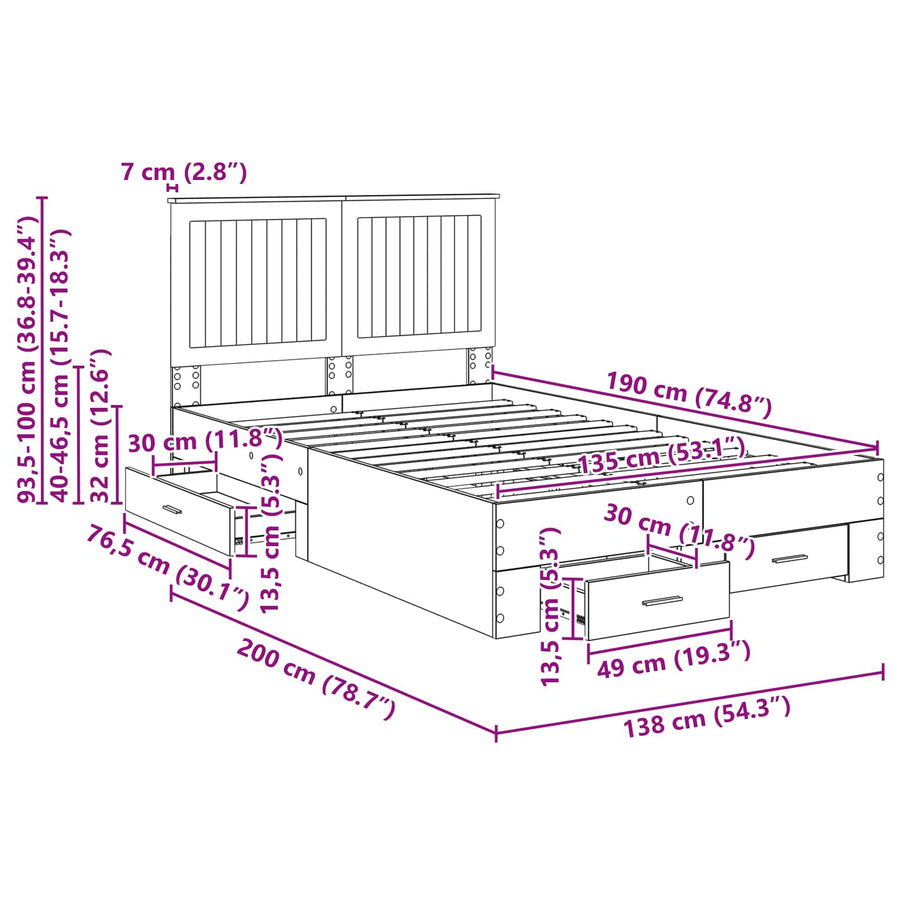 Bedframe met hoofdeinde Gerookt eiken 135 x 190 cm Bewerkt hout