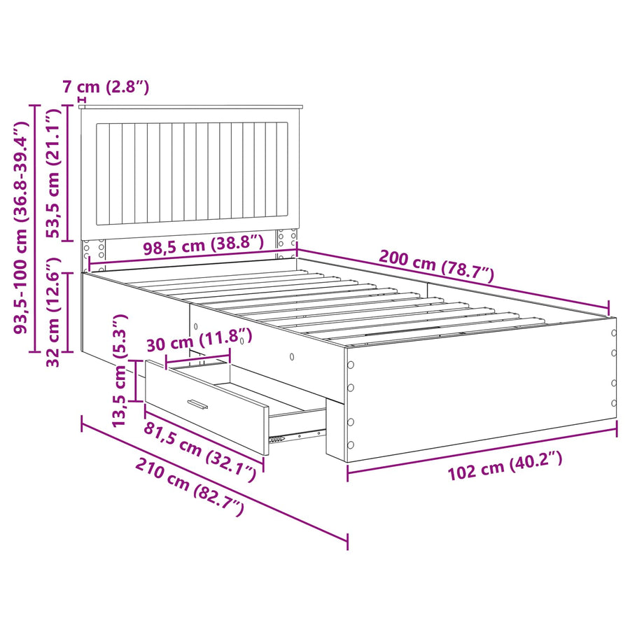 Bedframe met lade Zwart en Zilver 100 x 200 cm Bewerkt hout
