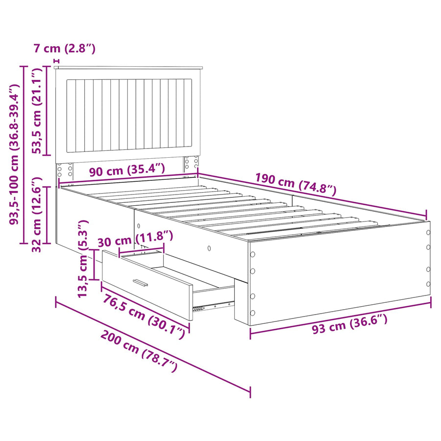Bedframe met hoofdeinde Oudhout 90 x 190 cm Bewerkt hout