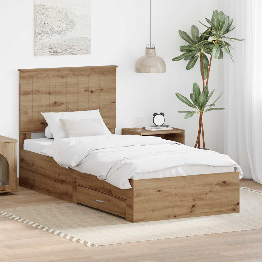 Bedframe met hoofdeinde Artisan Eiken 90 x 190 cm Bewerkt hout