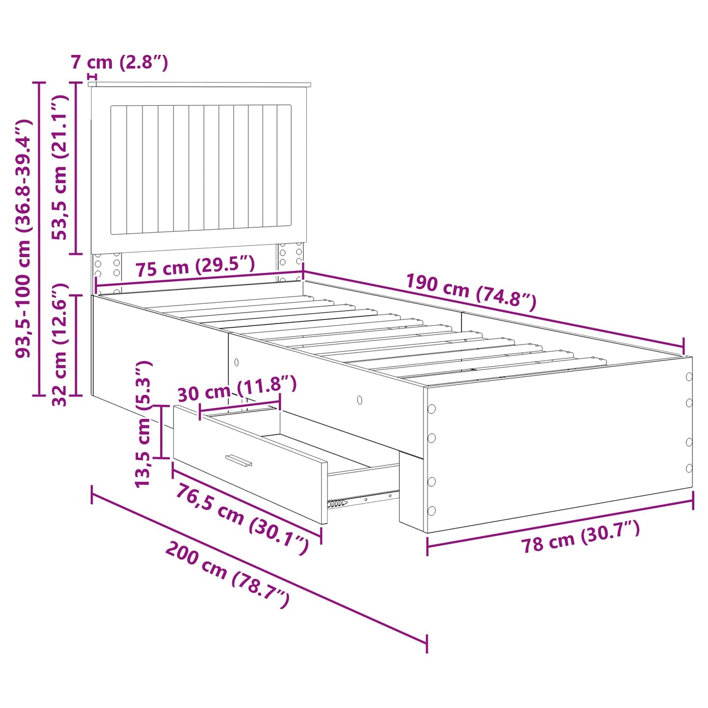 Bedframe met lade Zwart en Zilver 75 x 190 cm Bewerkt hout