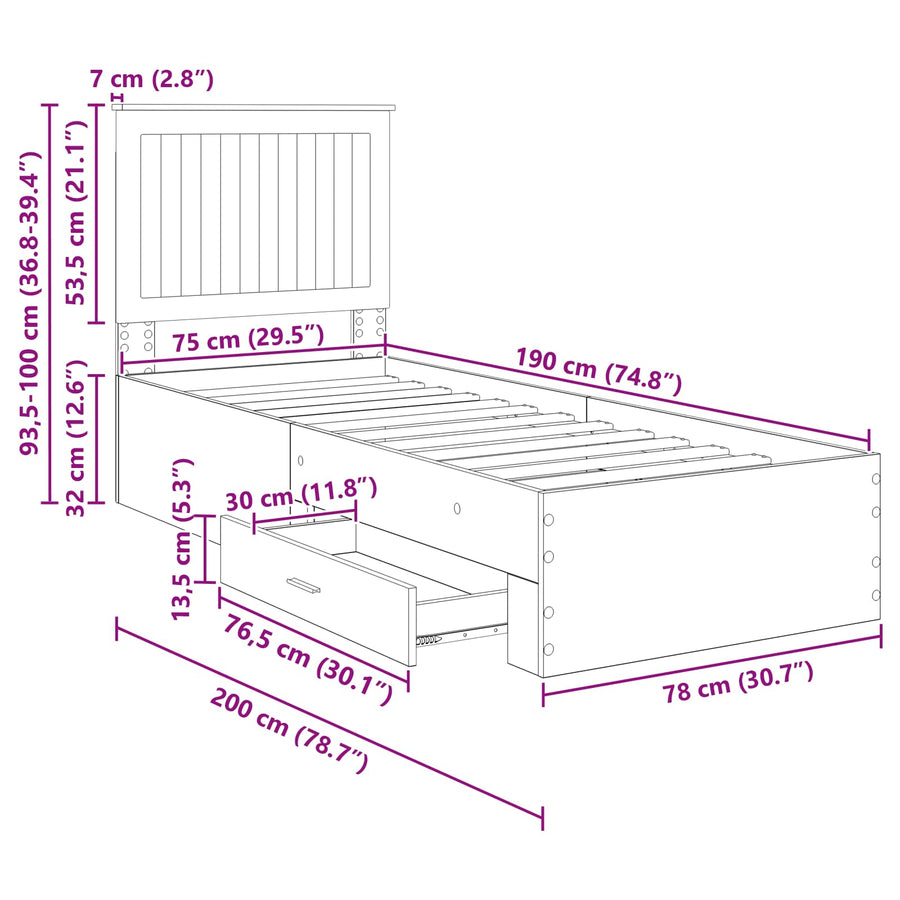 Bedframe Gerookt Eiken en Zilver 75 x 190 cm Bewerkt hout
