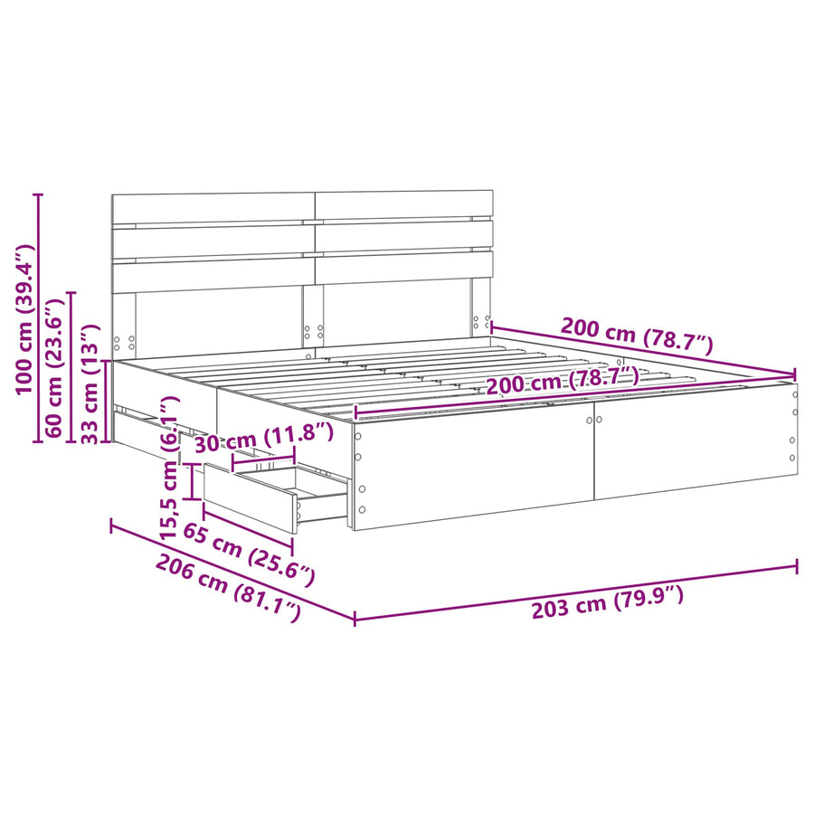 Bedframe met lade met opslag Wit 200 x 200 cm Ingenieurshout