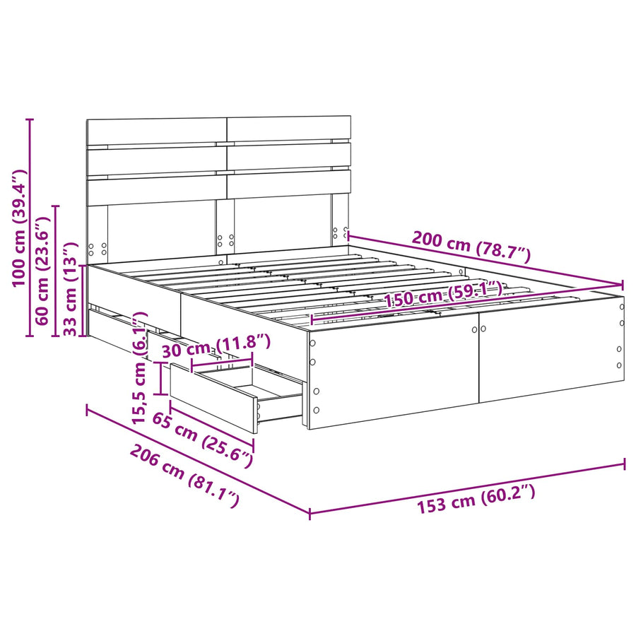 Bedframe met lade Gerookt eiken 150 x 200 cm Ingenieurshout