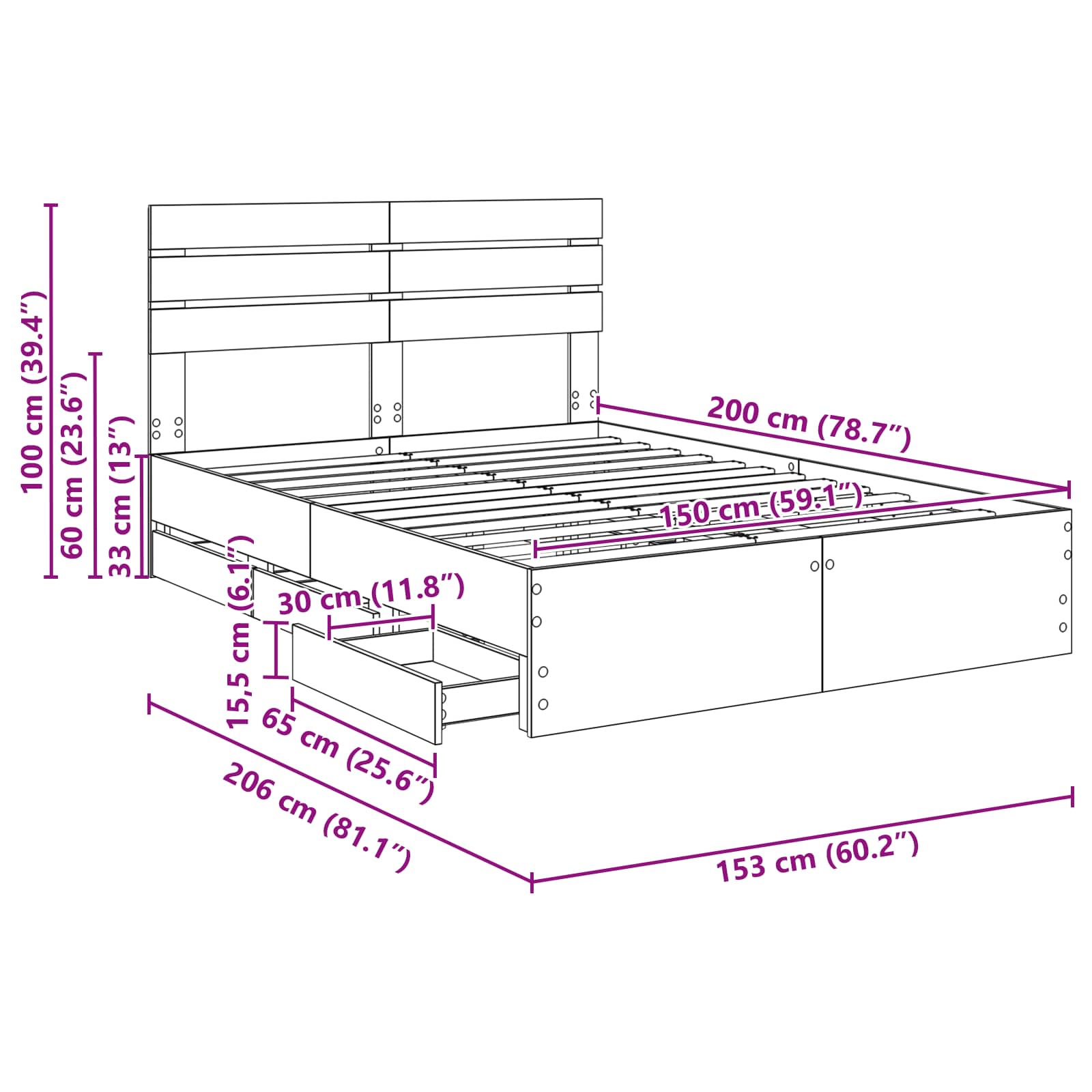 Bedframe met lade Grijs Sonoma 150 x 200 cm Ingenieurshout