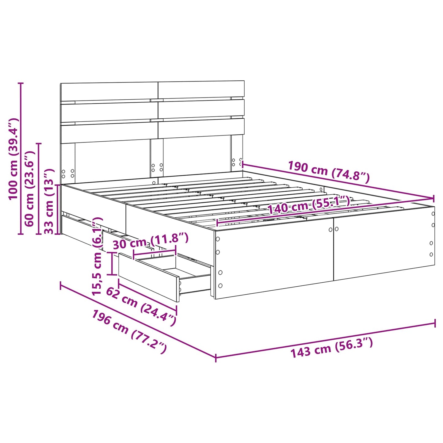Bedframe met lade Beton Grijs 140 x 190 cm Ingenieurshout