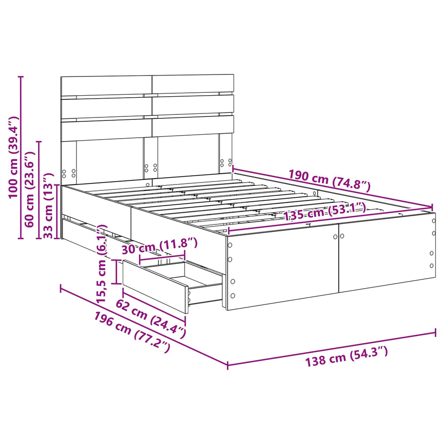 Bedframe met lade Beton Grijs 135 x 190 cm Ingenieurshout