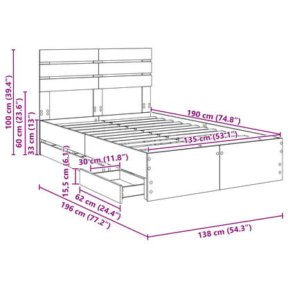 Bedframe met lade Gerookt eiken 135 x 190 cm Ingenieurshout