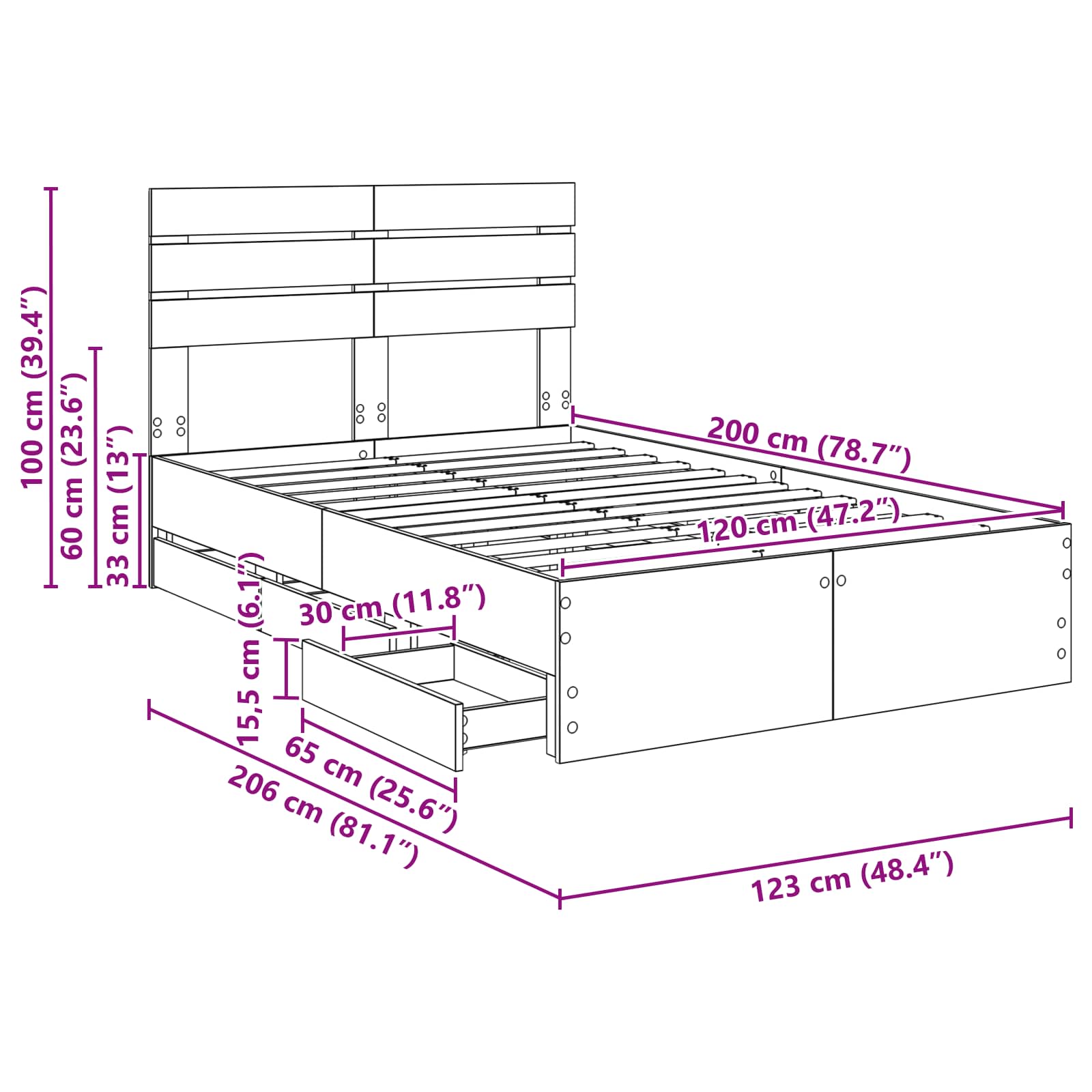Bedframe met lade Sonoma Eiken 120 x 200 cm Ingenieurshout