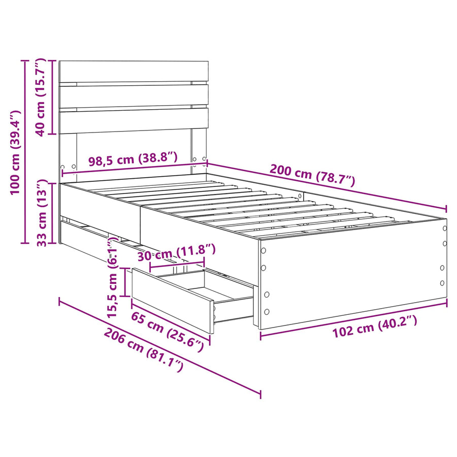 Bedframe met lade met opslag Wit 100 x 200 cm Ingenieurshout