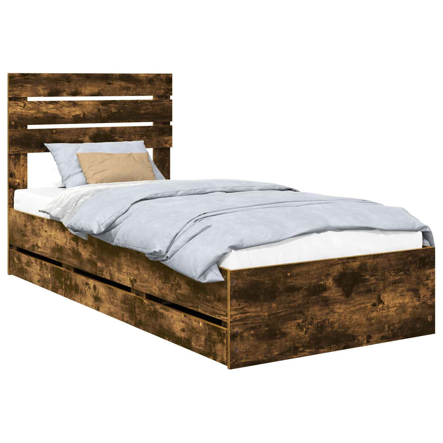 Bedframe met lade Gerookt eiken 100 x 200 cm Ingenieurshout