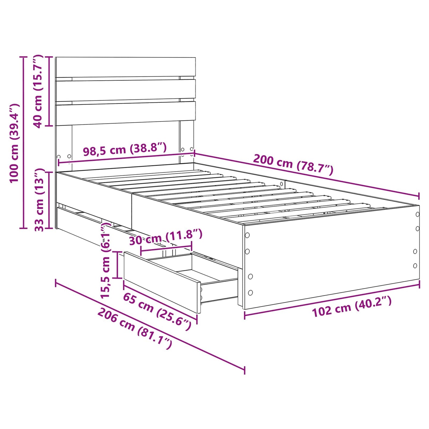 Bedframe met lade Gerookt eiken 100 x 200 cm Ingenieurshout