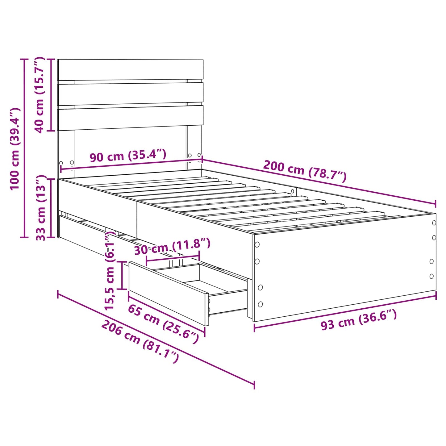 Bedframe met lade Beton Grijs 90 x 200 cm Ingenieurshout