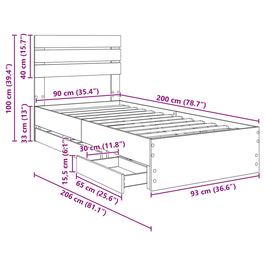 Bedframe met lade Gerookt eiken 90 x 200 cm Ingenieurshout