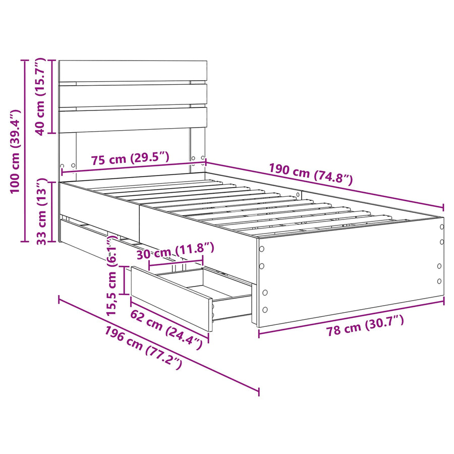 Bedframe met lade Grijs Sonoma 75 x 190 cm Ingenieurshout
