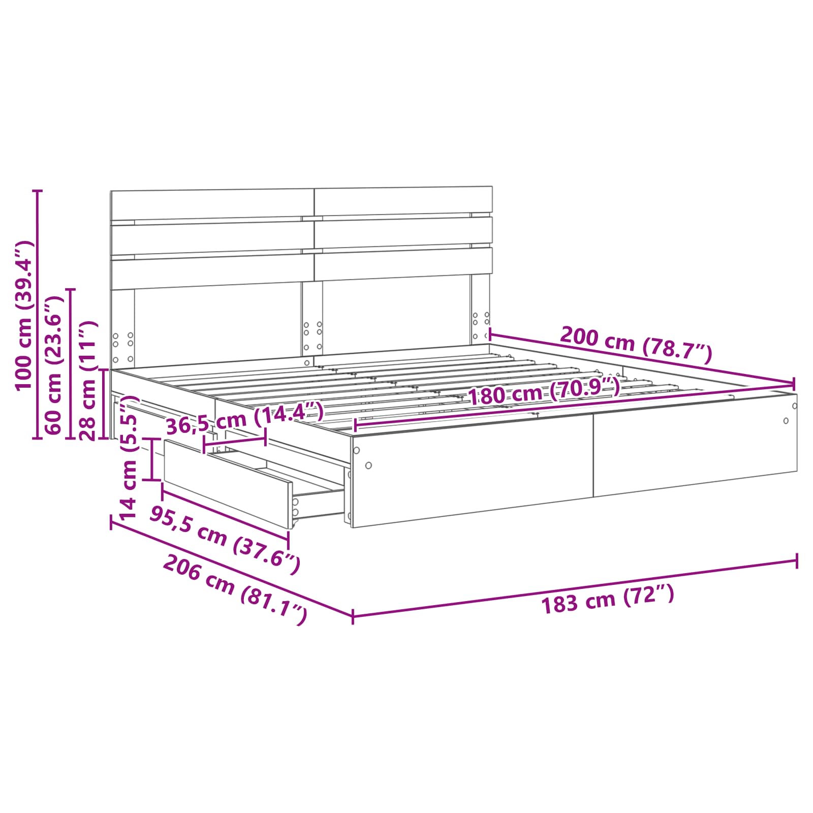 Bedframe met lade Grijs Sonoma 180 x 200 cm Bewerkt hout