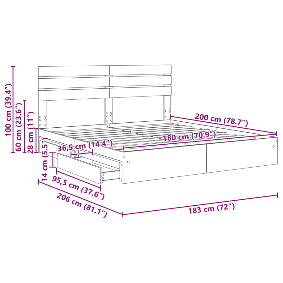 Bedframe met lade Grijs Sonoma 180 x 200 cm Bewerkt hout
