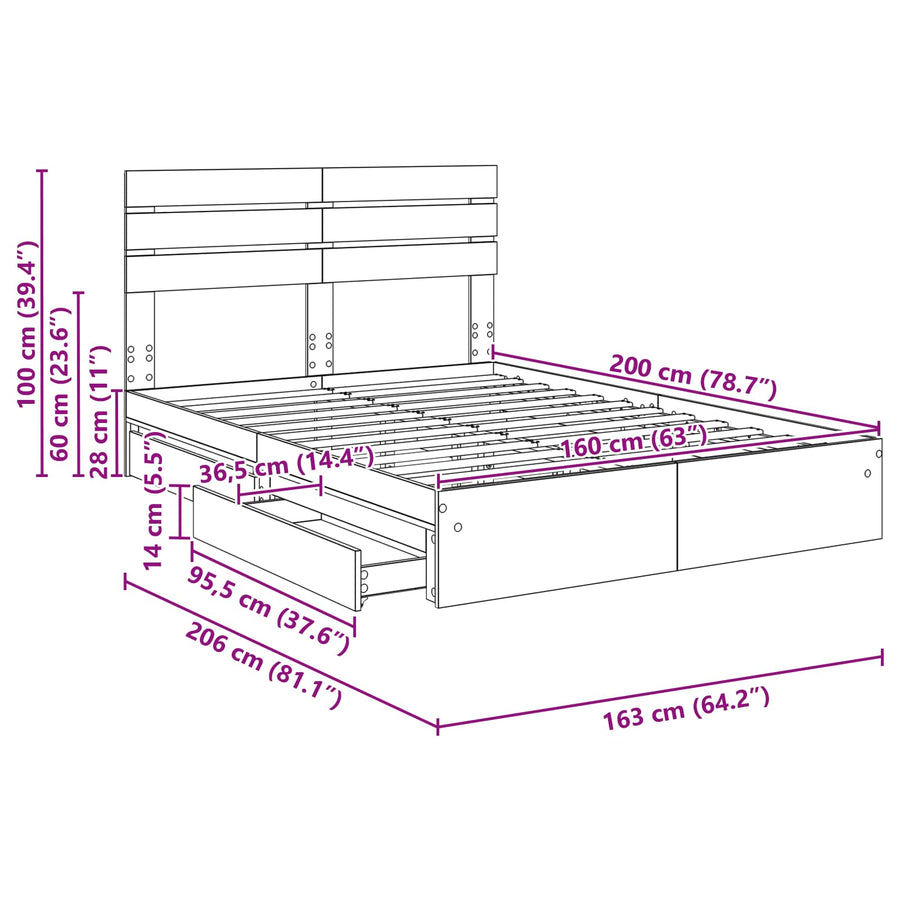 Bedframe met lade Grijs Sonoma 160 x 200 cm Bewerkt hout