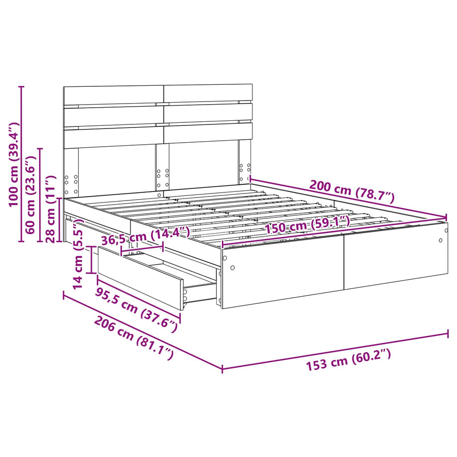 Bedframe met lade Grijs Sonoma 150 x 200 cm Bewerkt hout