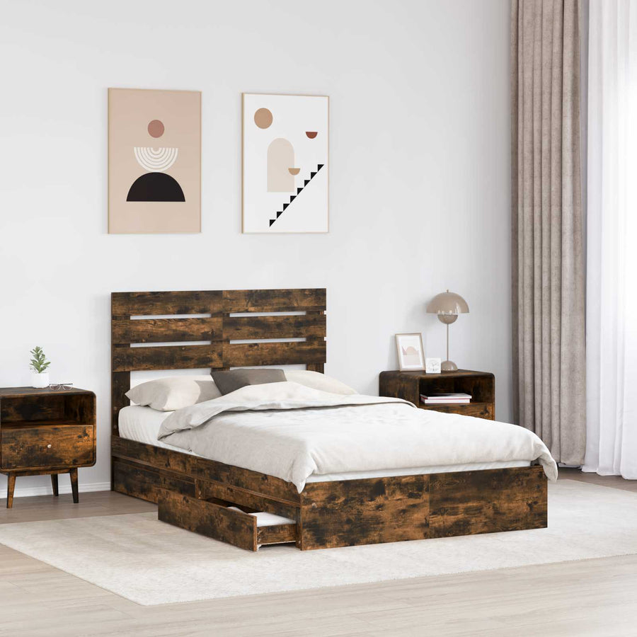 Bedframe met lade Gerookt eiken 135 x 190 cm Bewerkt hout