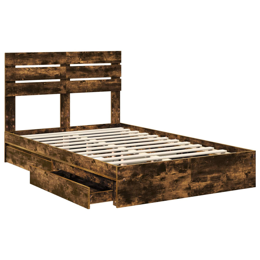 Bedframe met lade Gerookt eiken 135 x 190 cm Bewerkt hout